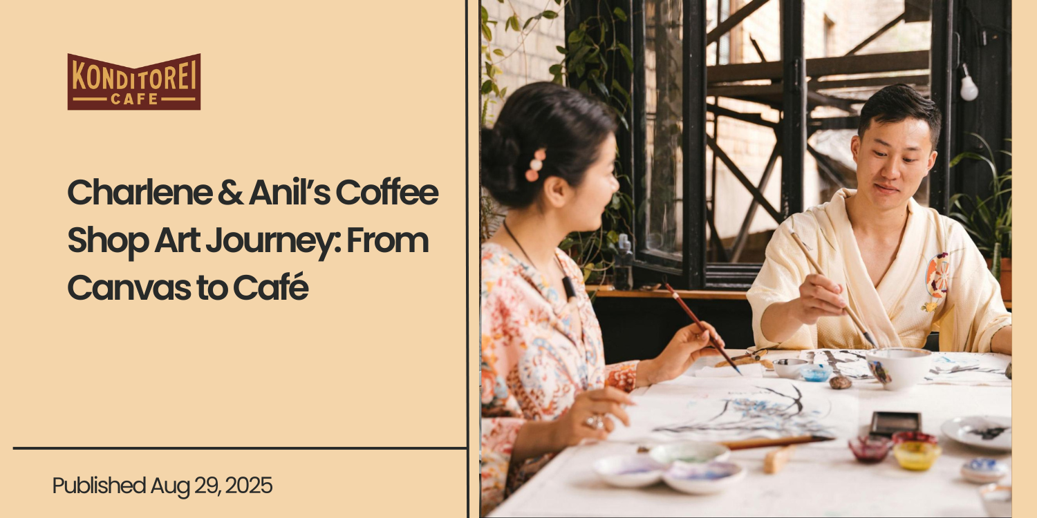 Charlene and Anil, a husband-and-wife artist duo from Los Altos, painting together in their studio—a glimpse into the creative partnership that later found a home for their work at Konditorei Café.