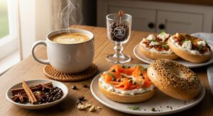 Voyager craft coffee paired with New York style bagels for a full morning sensory experience. 