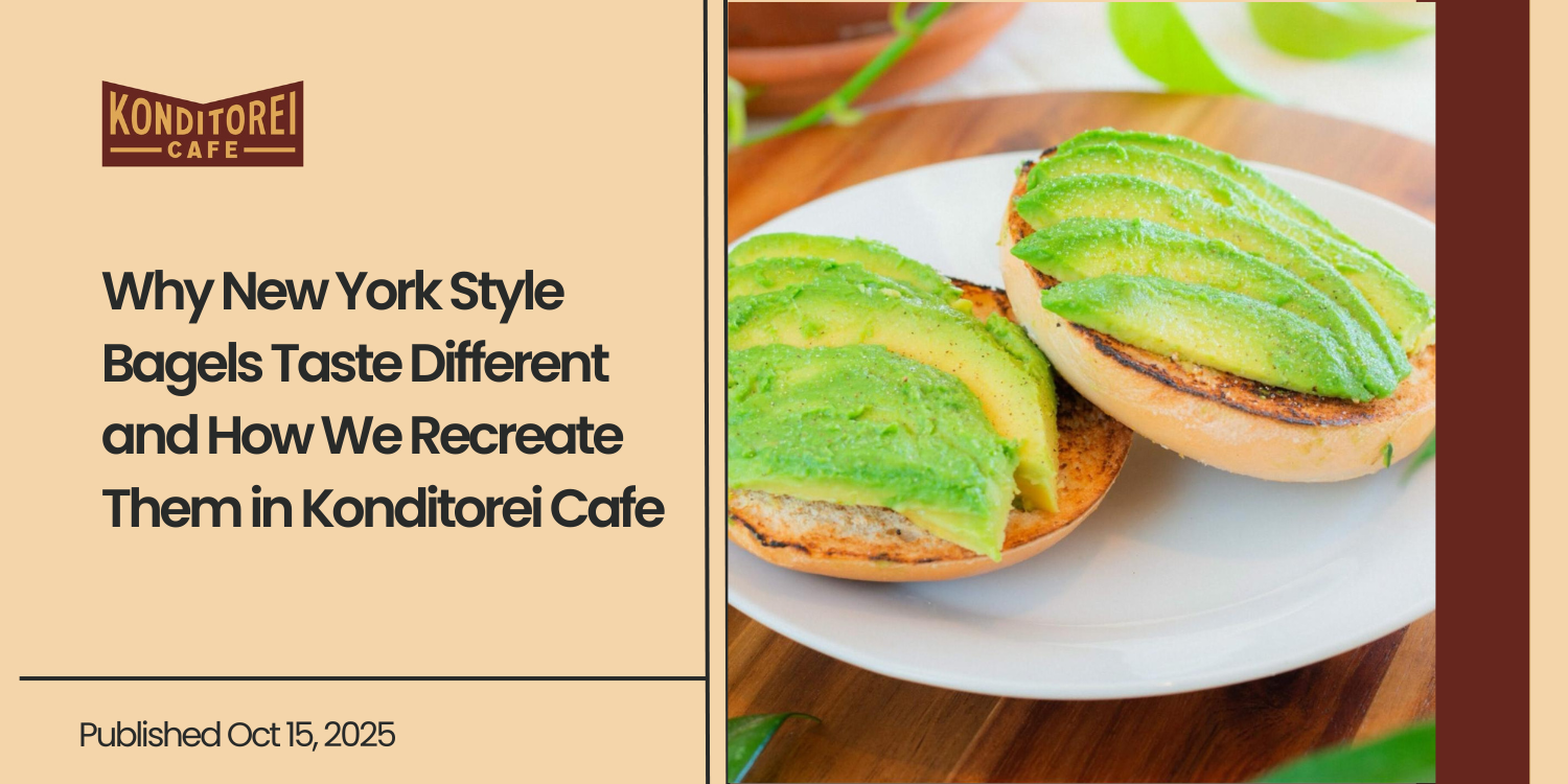 Sliced avocado bagel with salt & pepper, on a toasted bagel freshly baked daily at Konditorei Cafe.